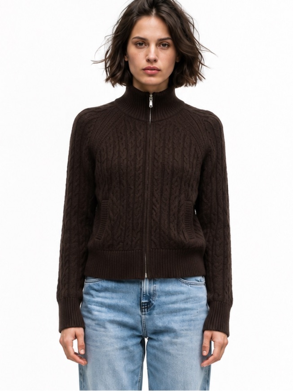 Saks Fifth Avenue 100% Merino Wool Cable Knit Zip Up Sweater Brown S